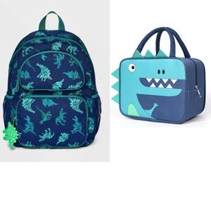 Dinosaur Print Kids Backpack and Lunch Bag Set - Blue and Green